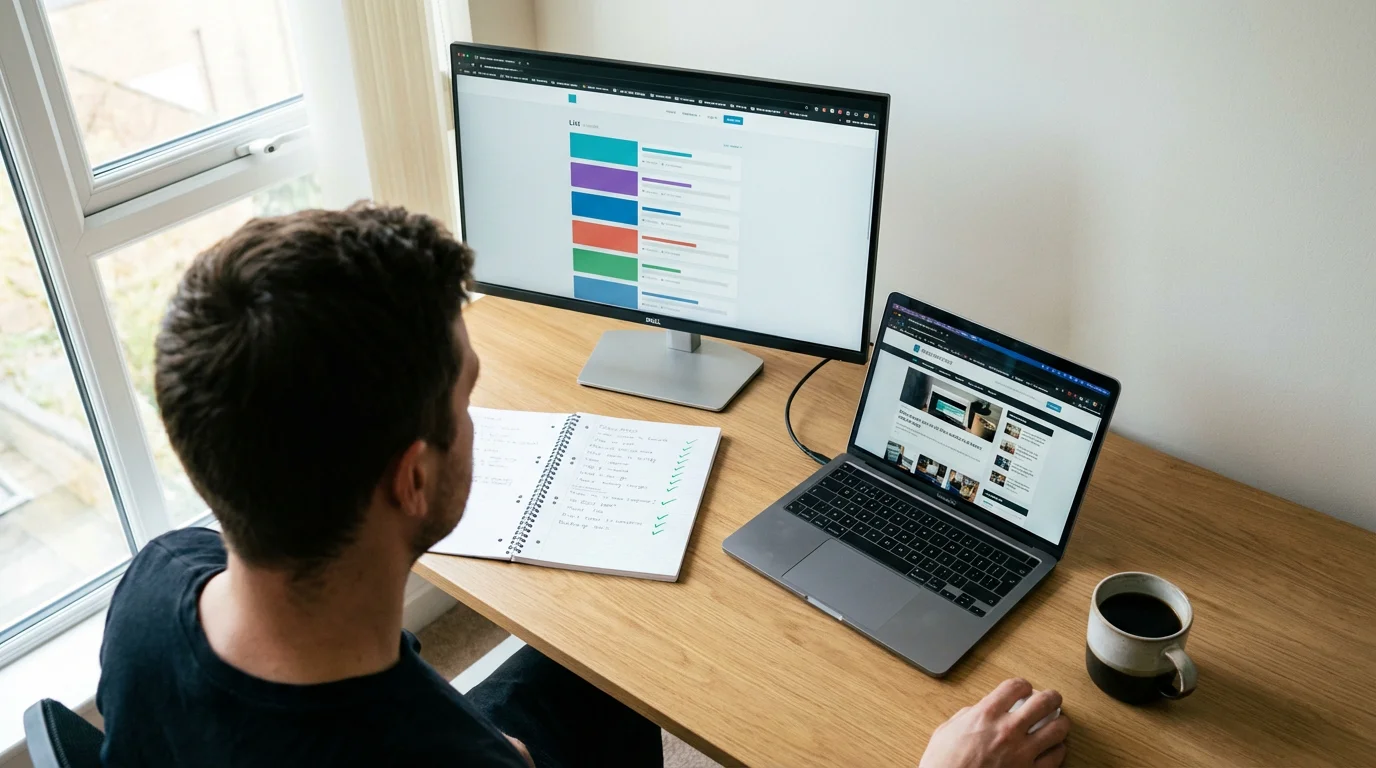 Expert reviewing and testing UK gambling sites on multiple devices with notes and comparison data