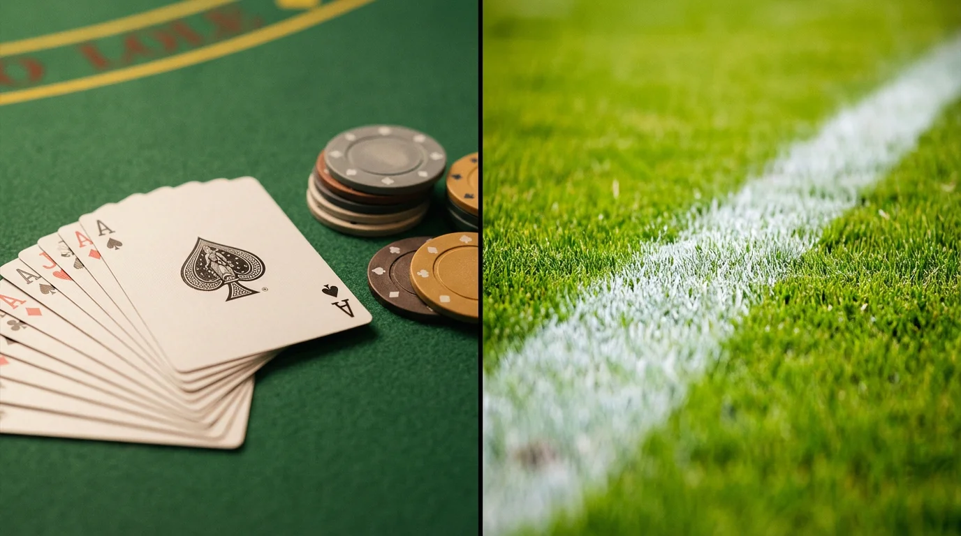 Split view showing a casino table with cards and chips on one side and a football match on the other