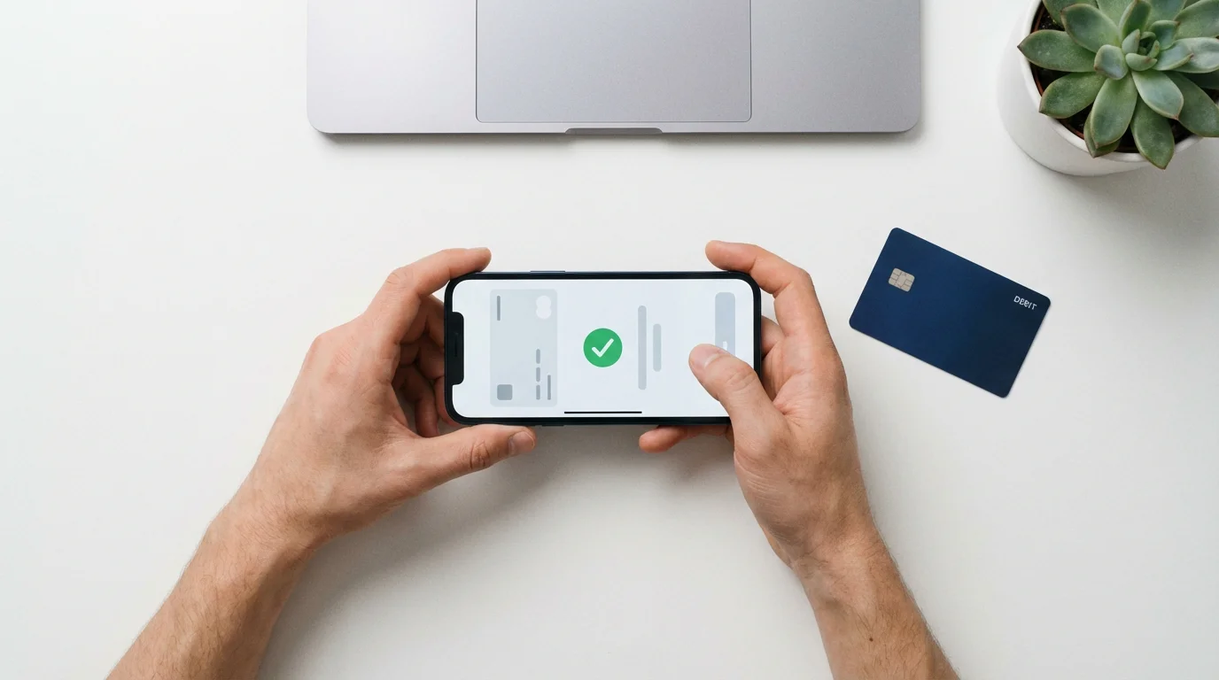 Person using a smartphone to complete a PayPal payment with a debit card and laptop nearby on a desk